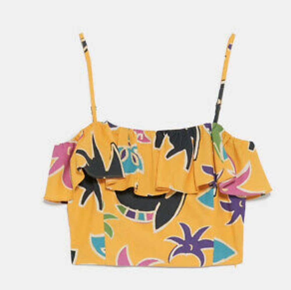 BNWT Zara Ruffled Spaghetti Strap Geometric Printed Crop Top